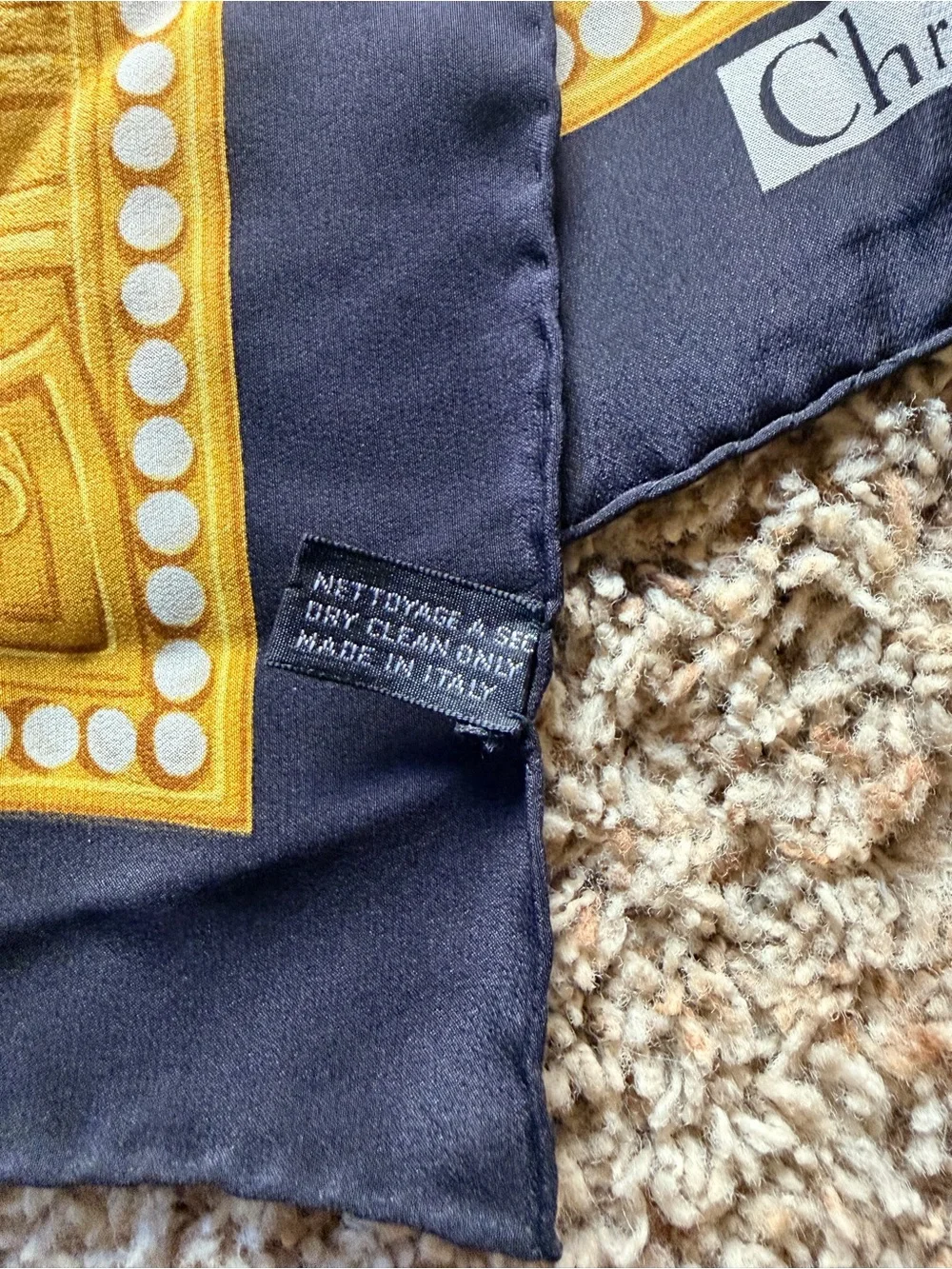 Christian Dior Floral Silk Scarf in Black, Gold, White